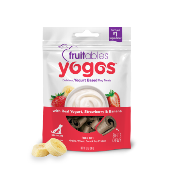 Fruitables 12 oz Yogos strawberry banana Smoothie Dog Treats front packaging