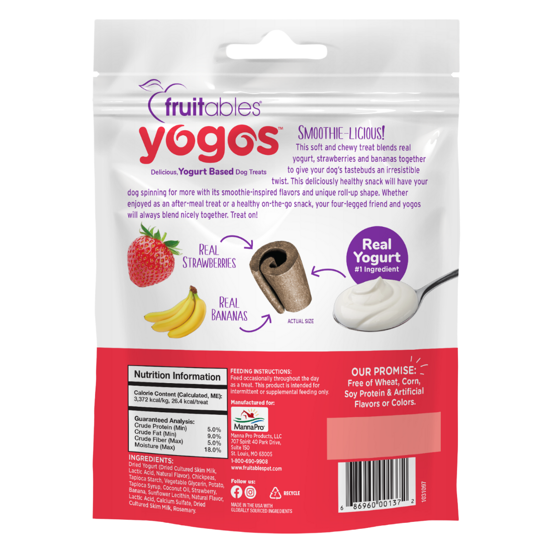 Fruitables 12 oz Yogos strawberry banana Smoothie Dog Treats back packaging