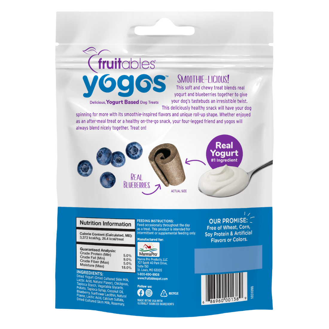 Fruitables 12 oz Yogos Blueberry Smoothie Dog Treats back packaging