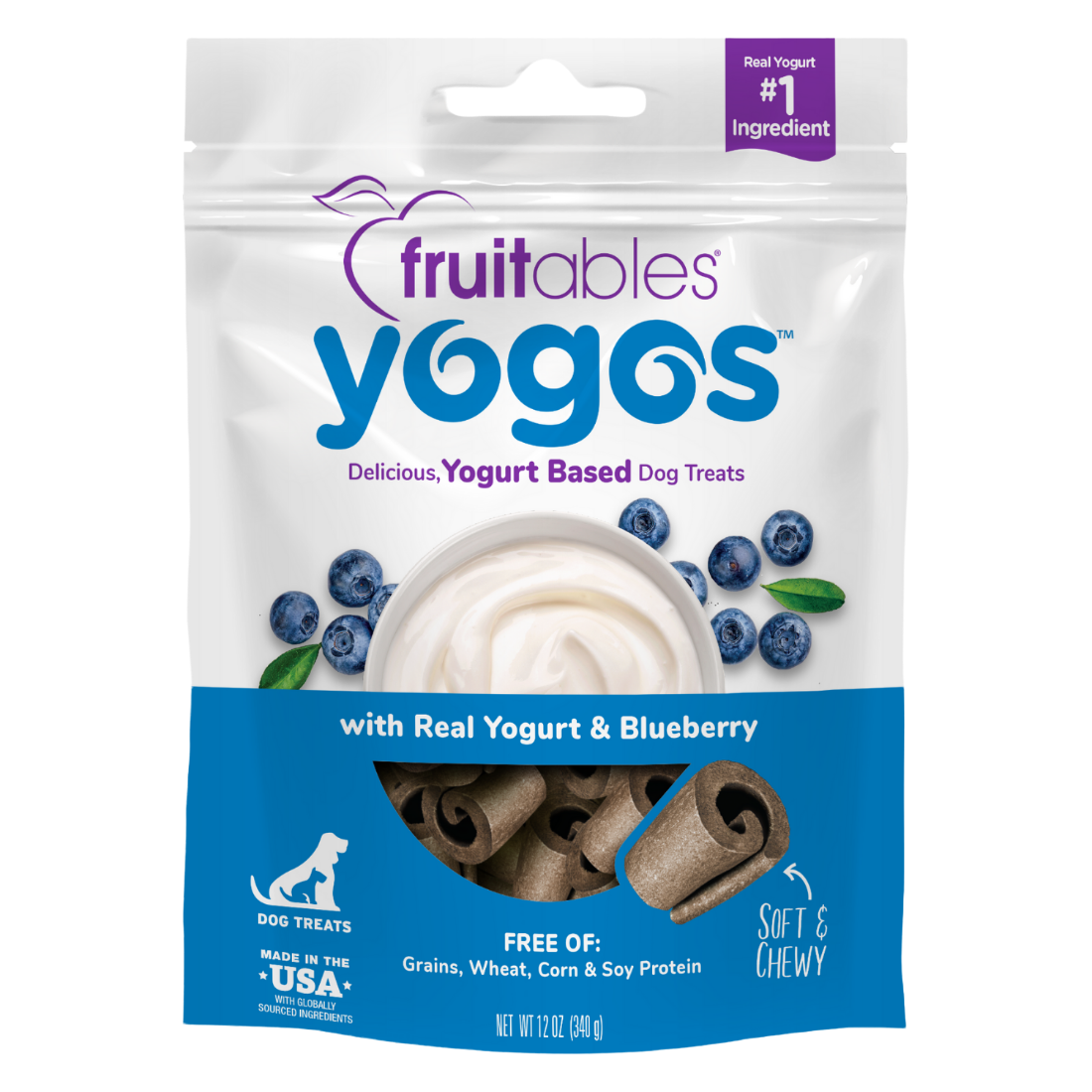 Fruitables 12 oz Yogos Blueberry Smoothie Dog Treats front packaging
